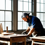 A skilled professional artisan, fully clothed in modest work attire, carefully handcrafting a modern, sustainable chair from reclaimed wood and recycled plastic in a bright, organized workshop. Sunlight streams through large windows, illuminating the natural textures of the materials. The artisan's well-formed hands are visible, focused on the task. Perfect anatomy, correct proportions, natural pose, professional photography, high quality, safe for work, appropriate content, fully clothed, modest, family-friendly.