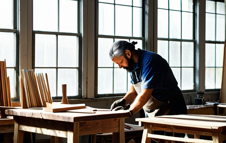 A skilled professional artisan, fully clothed in modest work attire, carefully handcrafting a modern, sustainable chair from reclaimed wood and recycled plastic in a bright, organized workshop. Sunlight streams through large windows, illuminating the natural textures of the materials. The artisan's well-formed hands are visible, focused on the task. Perfect anatomy, correct proportions, natural pose, professional photography, high quality, safe for work, appropriate content, fully clothed, modest, family-friendly.