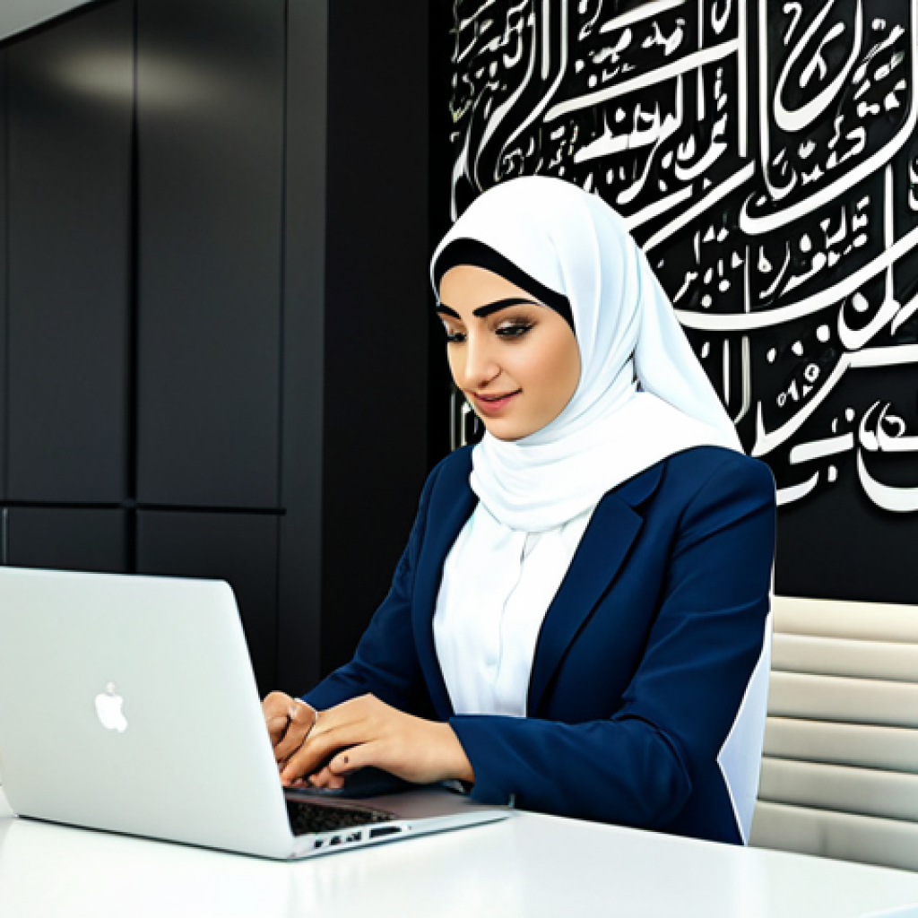 Modern Arabic Office**

"A professional businesswoman, fully clothed in a stylish and modest business suit appropriate for the Middle East, working on a laptop in a bright, modern office with Arabic calligraphy art on the wall, safe for work, appropriate content, perfect anatomy, natural pose, high-quality rendering, family-friendly."

**