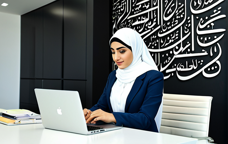 Modern Arabic Office**

"A professional businesswoman, fully clothed in a stylish and modest business suit appropriate for the Middle East, working on a laptop in a bright, modern office with Arabic calligraphy art on the wall, safe for work, appropriate content, perfect anatomy, natural pose, high-quality rendering, family-friendly."

**