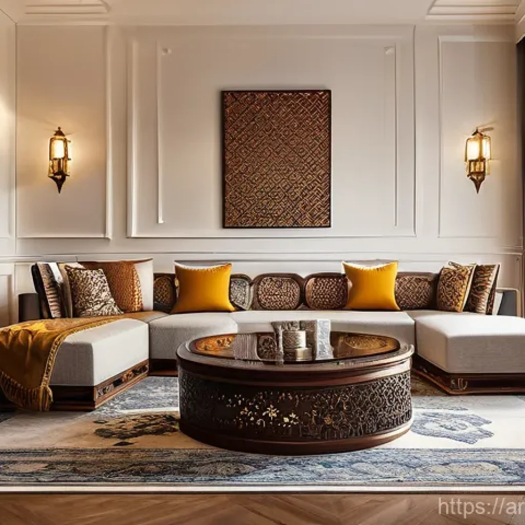 가구디자인에서 경제적 가치 창출 방법 - A sophisticated living room interior, blending modern minimalism with authentic Arabian heritage. Th...