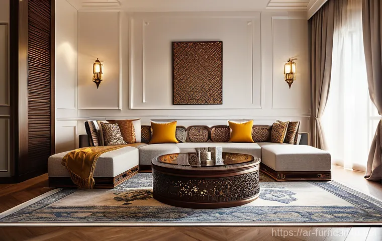 가구디자인에서 경제적 가치 창출 방법 - A sophisticated living room interior, blending modern minimalism with authentic Arabian heritage. Th...