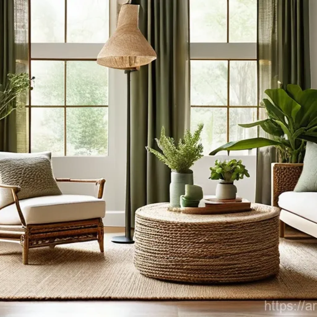 가구디자인의 글로벌 트렌드 - **A serene living room inspired by nature, bathed in soft, warm natural light filtering through shee...