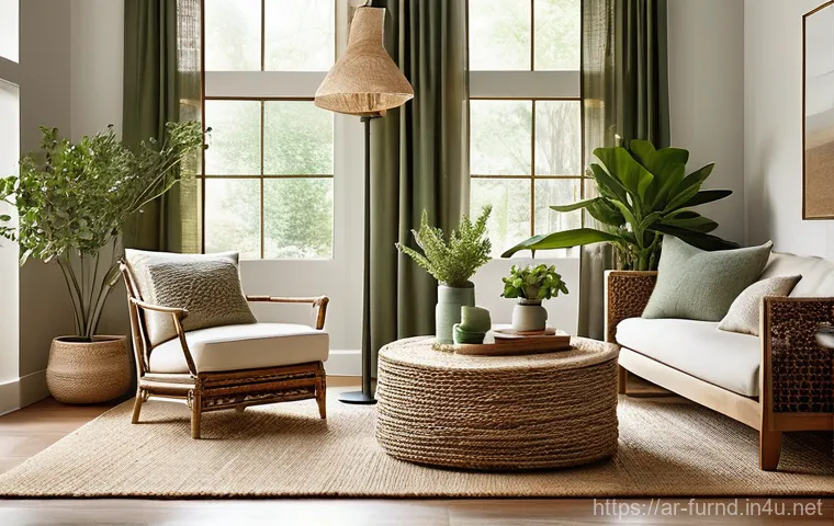 가구디자인의 글로벌 트렌드 - **A serene living room inspired by nature, bathed in soft, warm natural light filtering through shee...