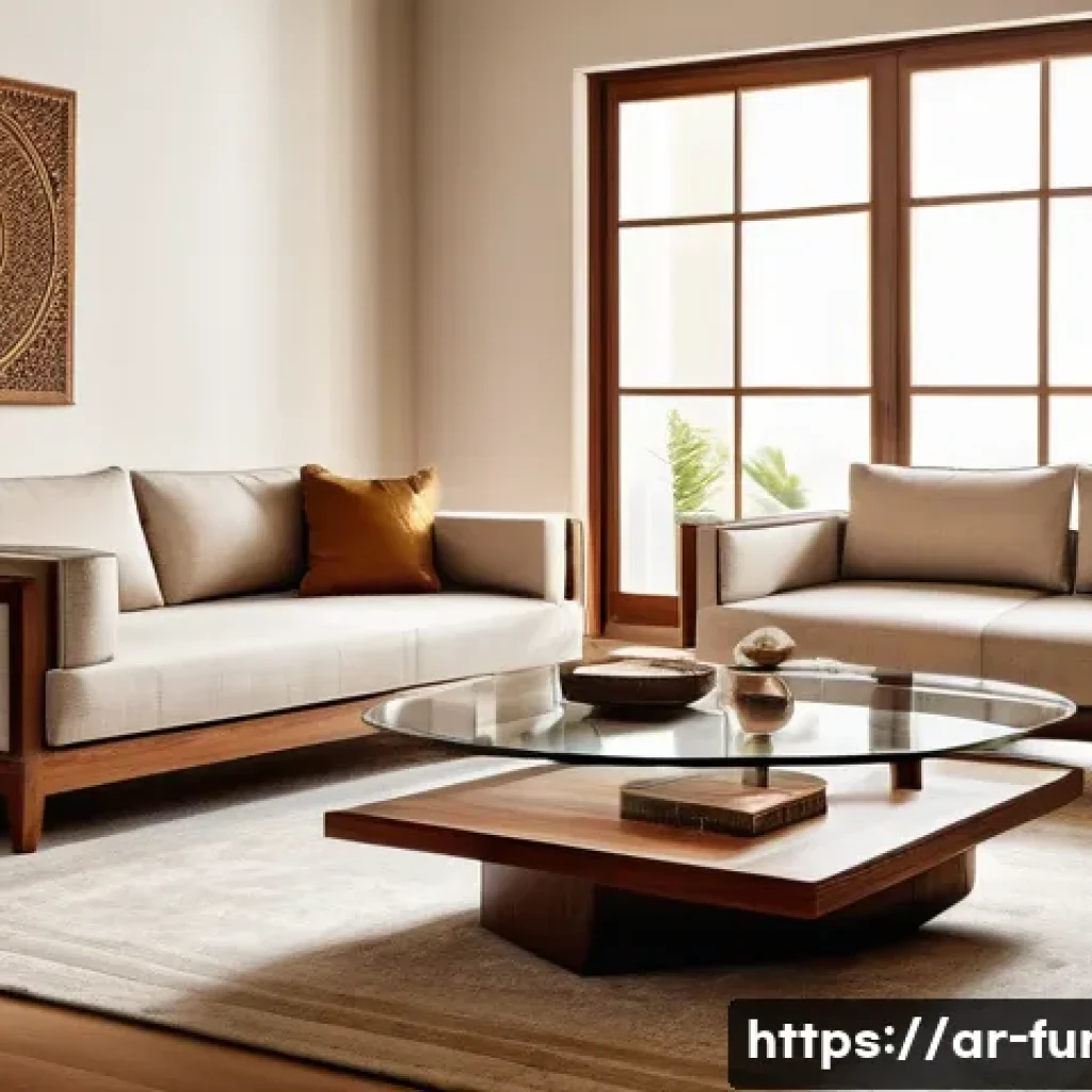 가구디자인에서 유리 활용법 - A modern living room scene showcasing a coffee table with a transparent tempered glass top and a war...