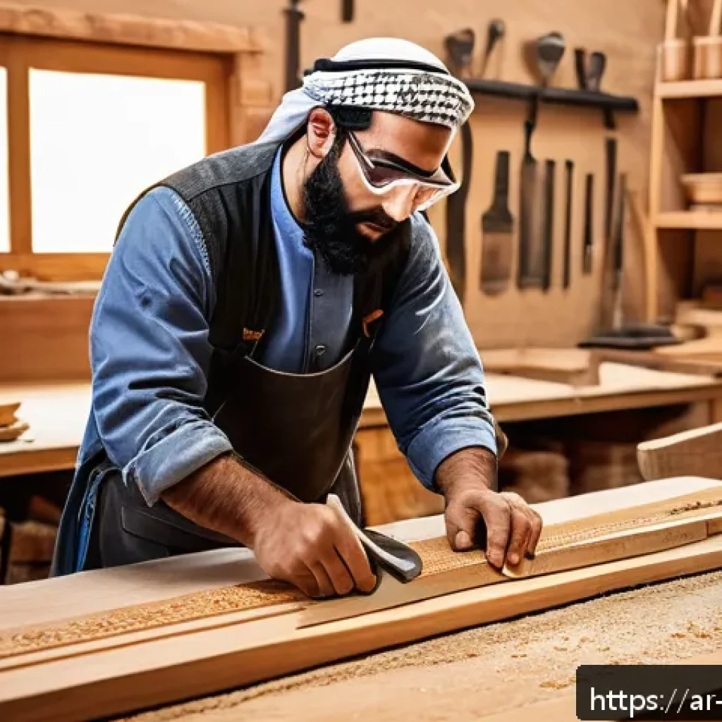 가구디자인 전문가가 추천하는 실습 방법 - A detailed woodworking workshop scene set in a Middle Eastern context, featuring an Arabic male craf...