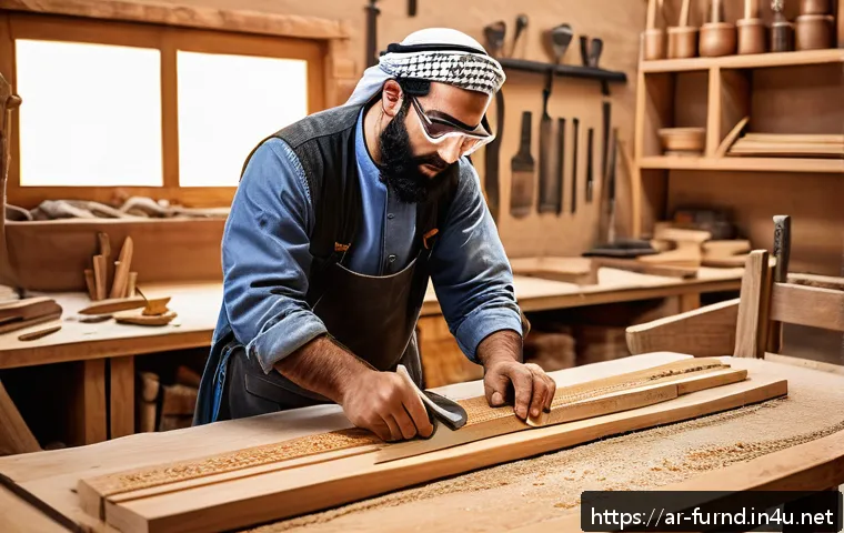 가구디자인 전문가가 추천하는 실습 방법 - A detailed woodworking workshop scene set in a Middle Eastern context, featuring an Arabic male craf...