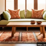 가구디자인 관련 책 요약 리뷰 - A modern Arab-inspired living room showcasing sustainable furniture made from recycled wood and bamb...
