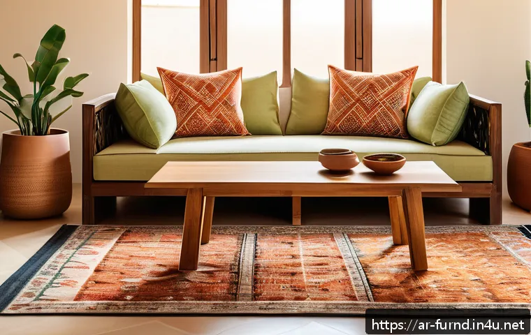 가구디자인 관련 책 요약 리뷰 - A modern Arab-inspired living room showcasing sustainable furniture made from recycled wood and bamb...
