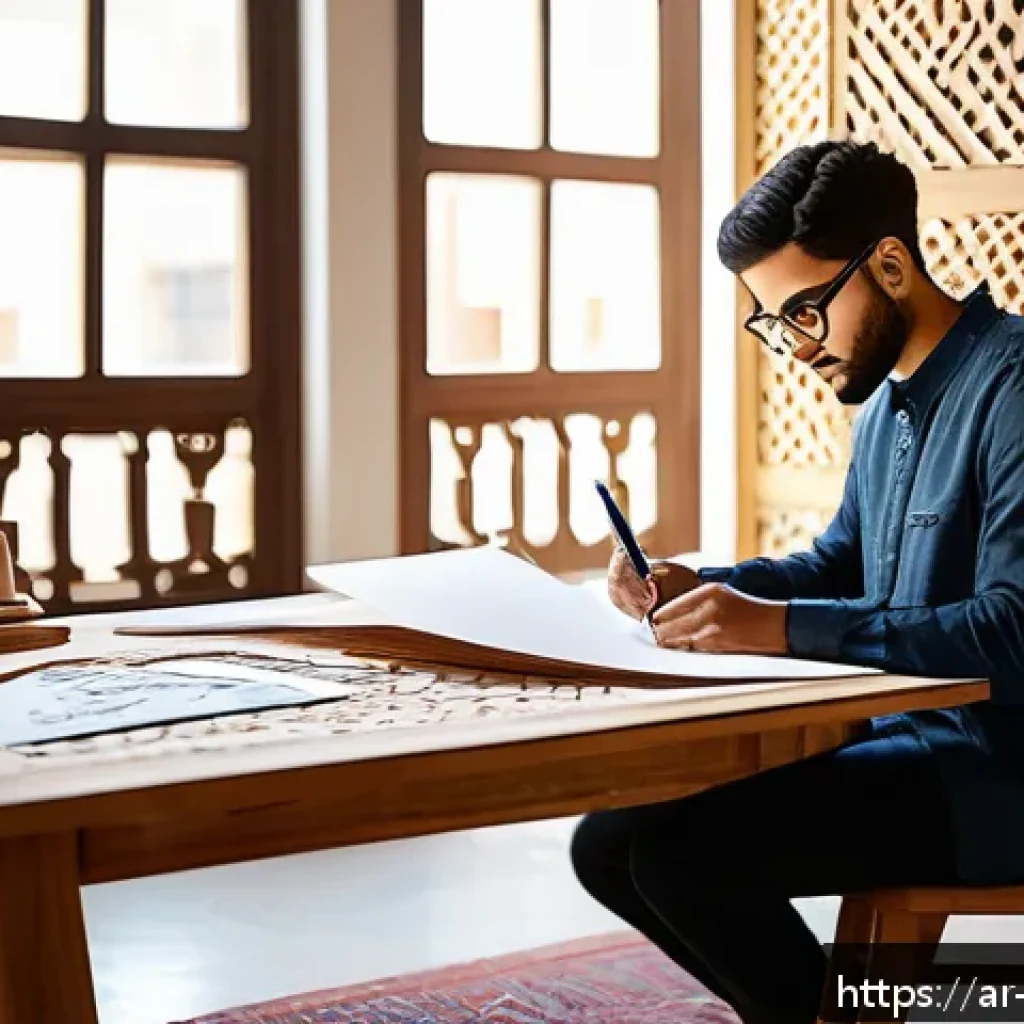 가구디자인 자격증 시험 후기 - A modern Arabic-inspired furniture design studio scene showing a young male designer wearing modest ...