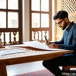 가구디자인 자격증 시험 후기 - A modern Arabic-inspired furniture design studio scene showing a young male designer wearing modest ...