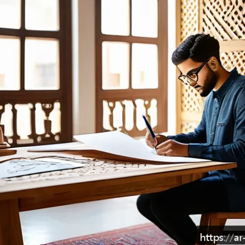가구디자인 자격증 시험 후기 - A modern Arabic-inspired furniture design studio scene showing a young male designer wearing modest ...
