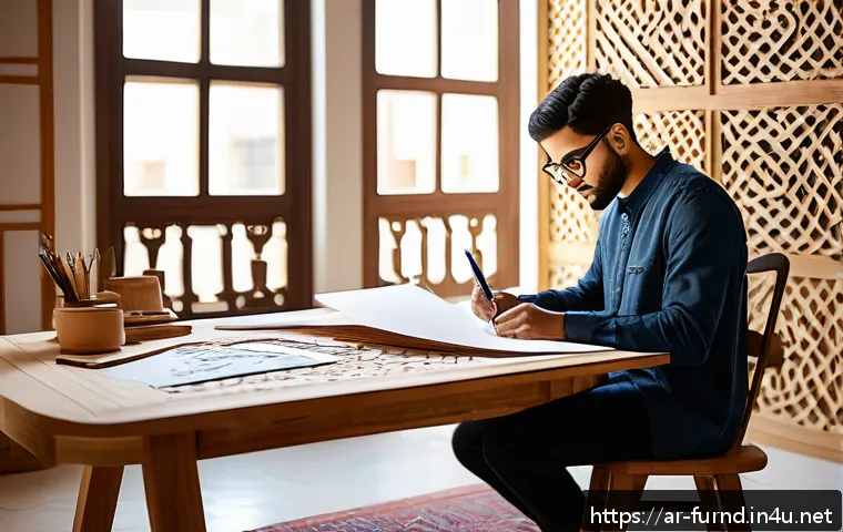 가구디자인 자격증 시험 후기 - A modern Arabic-inspired furniture design studio scene showing a young male designer wearing modest ...