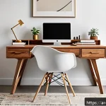 가구디자인의 기본 윤리 - A modern home office setup designed for Arabic-speaking users, featuring a sleek wooden desk made fr...