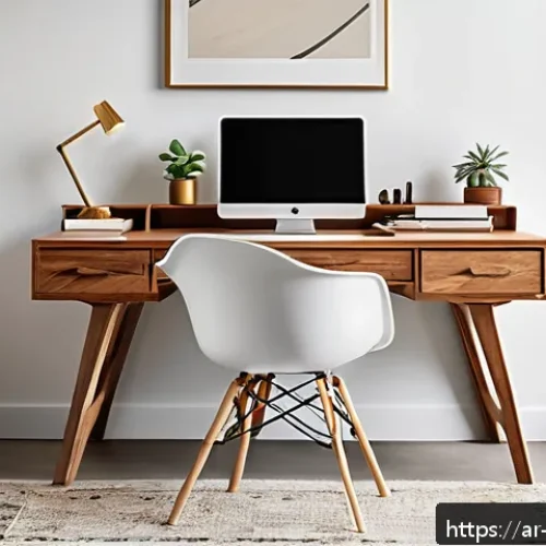 가구디자인의 기본 윤리 - A modern home office setup designed for Arabic-speaking users, featuring a sleek wooden desk made fr...