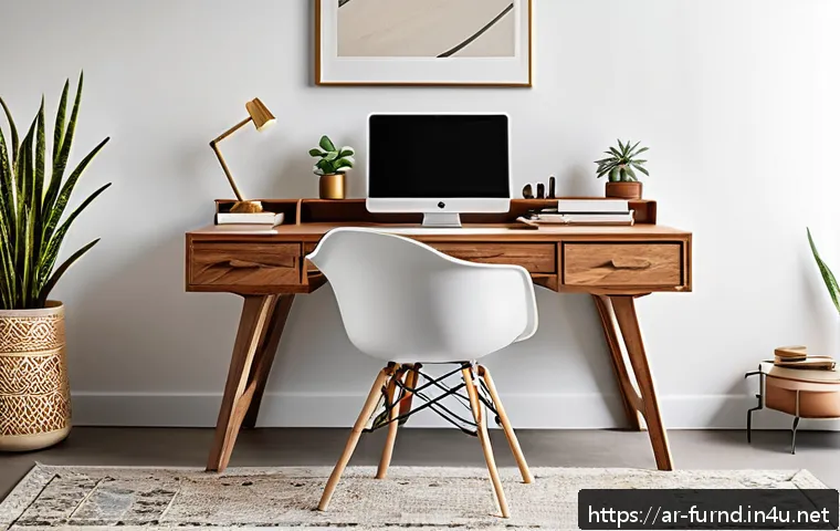 가구디자인의 기본 윤리 - A modern home office setup designed for Arabic-speaking users, featuring a sleek wooden desk made fr...
