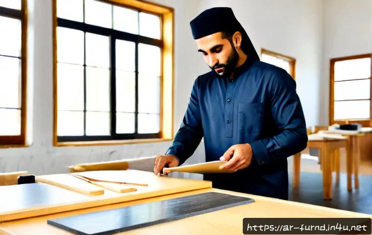 가구디자인 국제 자격증 정보 - Photorealistic furniture design certification concept, confident Arab designer in modest professiona...